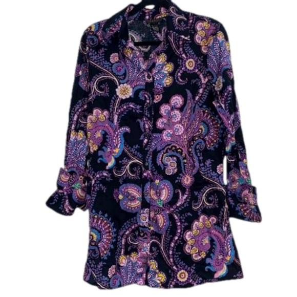 Isabel Tops - Isabel Tunic length button down blouse- Black Purple paisley design, Size L